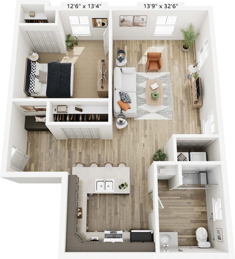 Floor plan for 1 bed, 1 bath, 867 sqft